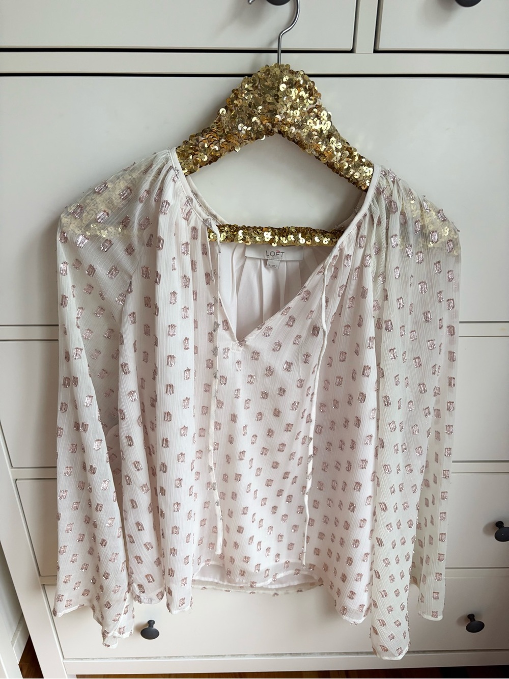 LOFT White Blouse with Rose Metallic Dot Accents